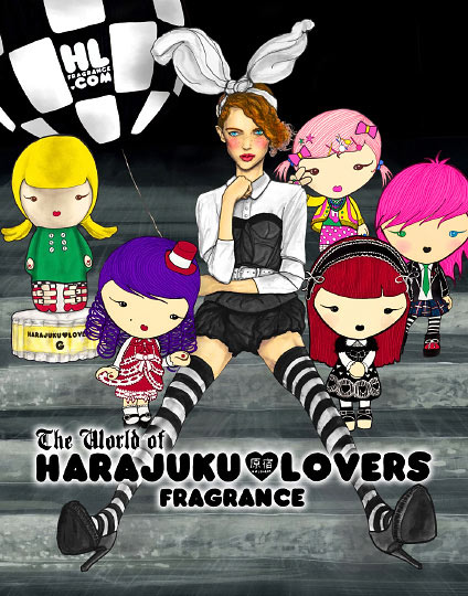 Vertical black ad with girl sitting down for Harajuku Lovers Fragrance by Gwen Stefani by Danny Roberts