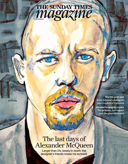 Fashion Artist Danny Roberts Tribute painting of the late Design lee alexander Mqueen on the cover of the sunday times Magazine london May 23 2010