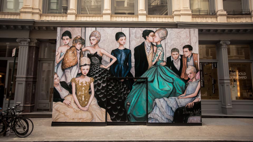 Photographer Nick Bowser photo of Fashion Artist Danny Roberts Finished full mural Tiffany and company store mural in soho new york of the tiffany blue dress