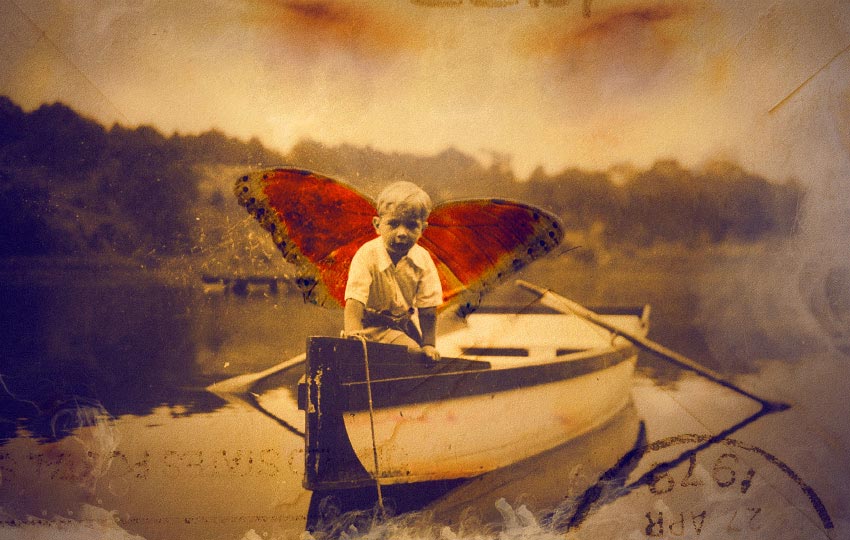  turn of the century collage image of a boy in a boat with butterfly wings whats contemporary issue