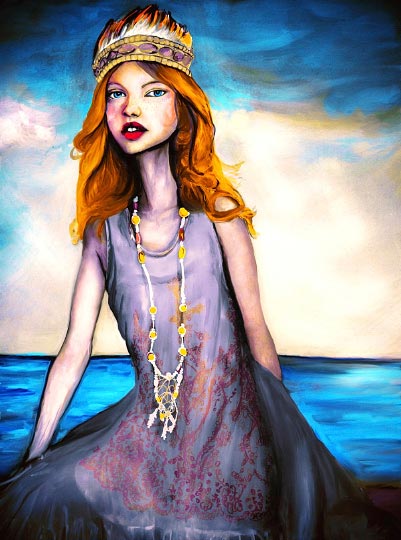 Danny Roberts oil Painting of a girl sitting by the Sea Wearing Anna Sui Spring 2011 Collection with a beaded necklace and a feather gown from New York Fashion Week.