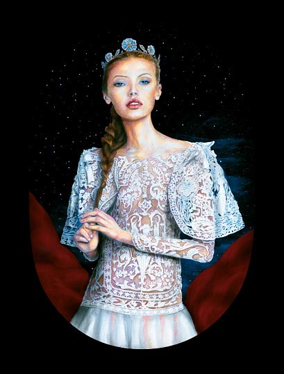 Artist Danny Roberts painting of Img swedish model Mona Johannesson Dressed like princess Josette in an detailed ornate lace dress from Machesa Fall 2012