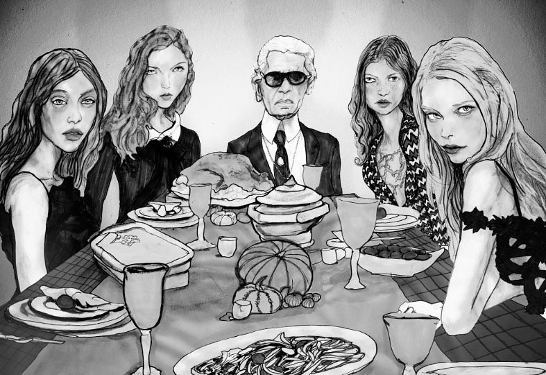 Artist Danny Roberts painting of Karl Lagerfeld, tanya dziahileva, Mona Johannesson, and Lily Cole, at a Thanksgiving dinner black and white version