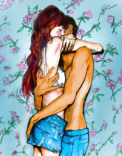 Danny Roberts painting of a guy and girl hugging in love